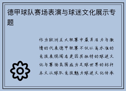 德甲球队赛场表演与球迷文化展示专题
