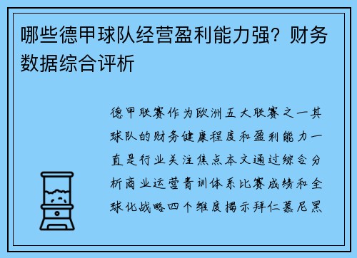 哪些德甲球队经营盈利能力强？财务数据综合评析
